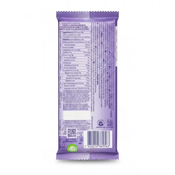 Back of Milka Milky White chocolate bar showing ingredients and nutritional facts
