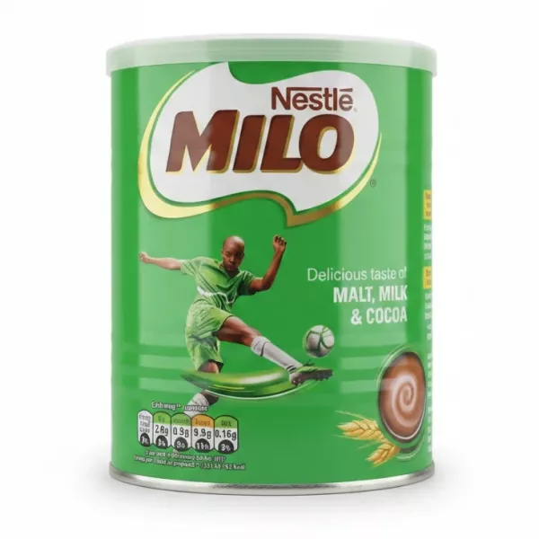 Green tin of Nestle MILO malt milk and cocoa drink with football player graphic