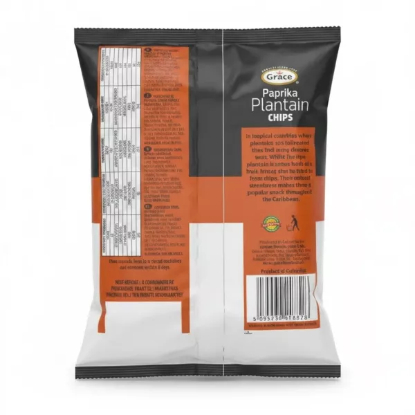 Back of Grace Paprika Plantain Chips packet with product info