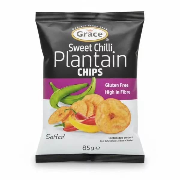 Grace Sweet Chilli Plantain Chips packet front showing product branding and chilli plantain chips
