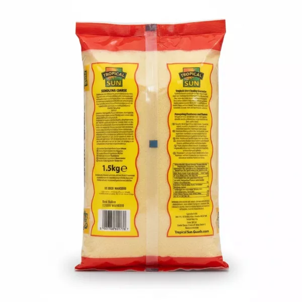 Back of Tropical Sun Coarse Semolina with nutritional and ingredient information
