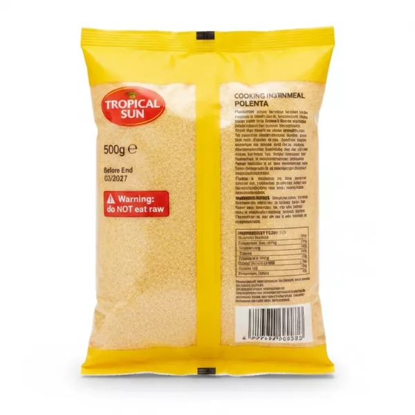 Back of Tropical Sun fine cornmeal polenta package with cooking instructions