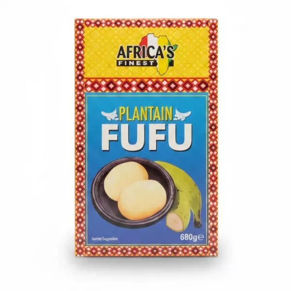 Box of Africa's Finest Plantain Fufu dough ball mix with plantain image