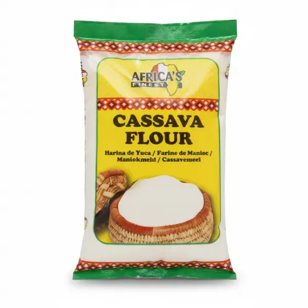 Package of Africa's Finest Cassava Flour with colorful design
