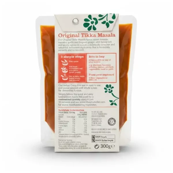 Back packaging showing ingredients and instructions of The Spice Tailor Original Tikka Masala