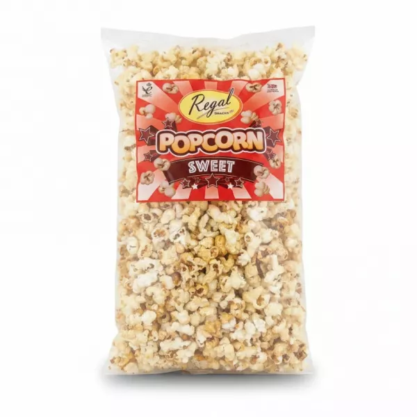 Pack of Regal Snacks Sweet Popcorn front view showing red label