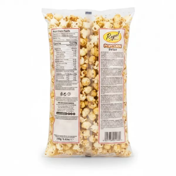 Pack of Regal Snacks Sweet Popcorn back view with ingredients and nutritional facts