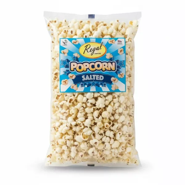 Bag of Regal Salted Popcorn front view showing blue label with popcorn graphics