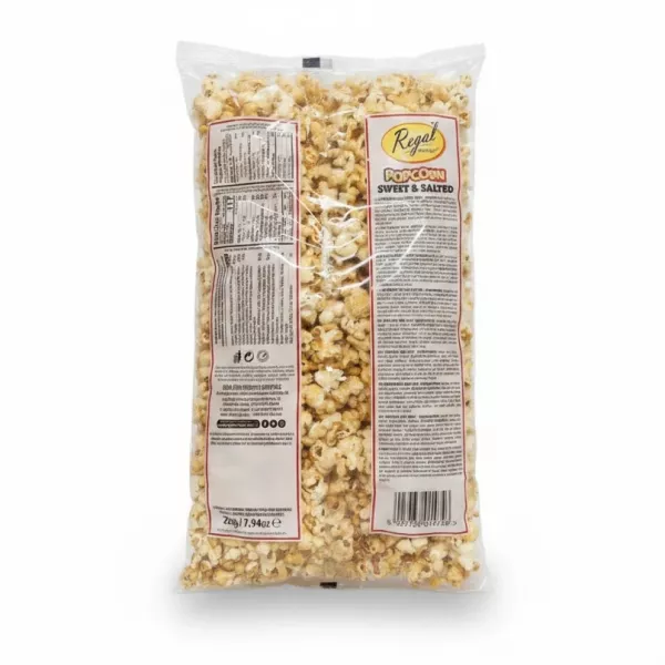 Regal Snacks Sweet & Salted Popcorn back pack with ingredients and nutrition