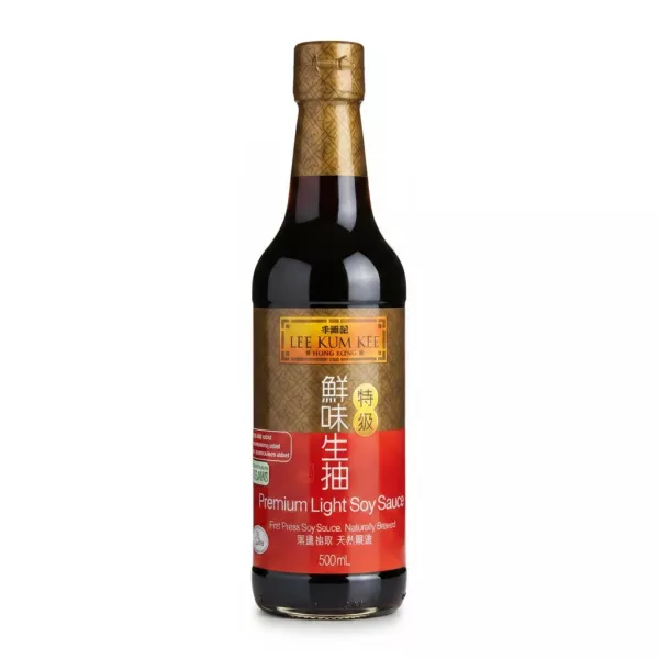 Bottle of Lee Kum Kee Premium Light Soy Sauce front label