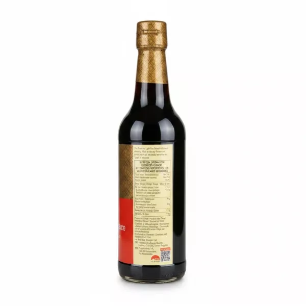 Back label of Lee Kum Kee Premium Light Soy Sauce showing nutrition and origin