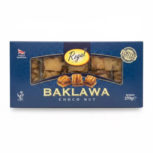 Box of Regal Baklawa Chocolate Nut with visible layers of pastry