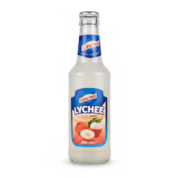 Suncrest Lychee Juice Drink 250ml in a glass bottle front view