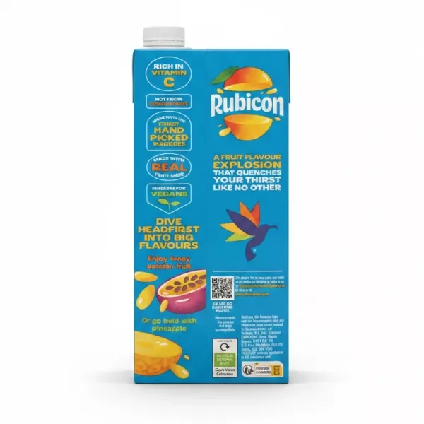 Rubicon Still Mango Juice Drink side view with product benefits and logos