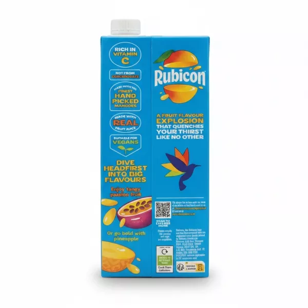 Rubicon Mango Still Fruit Juice carton side view with product benefits