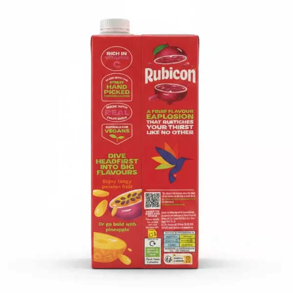 Rubicon Juice carton side view highlighting vegan suitability and flavour notes