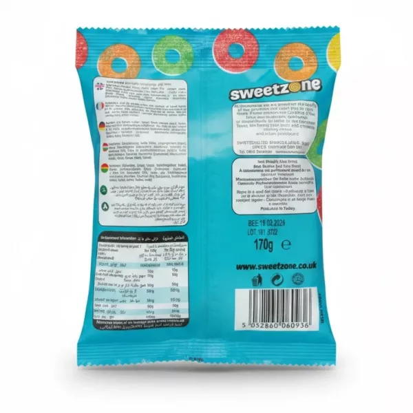 Sweetzone Fizzy Rings candy pack back view showing ingredients and information