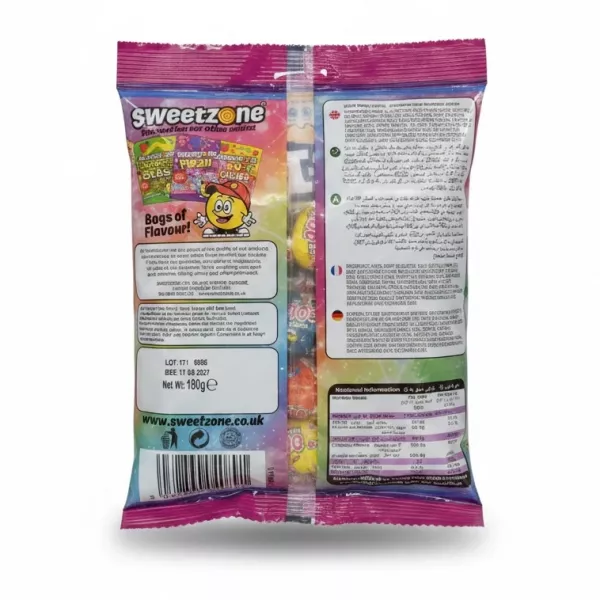 Back of Sweetzone Sour Fruit Chews pack showing ingredients and nutritional info