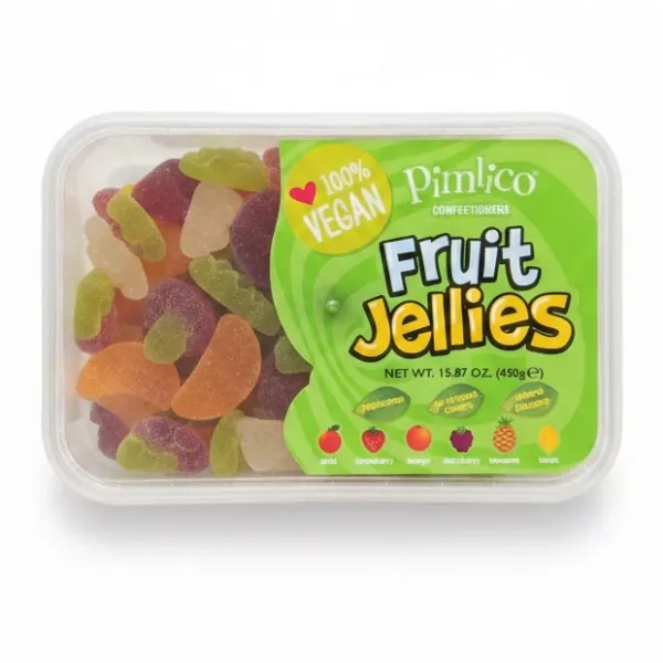 Plastic container of Pimlico Fruit Jellies with assorted colourful gummy shapes