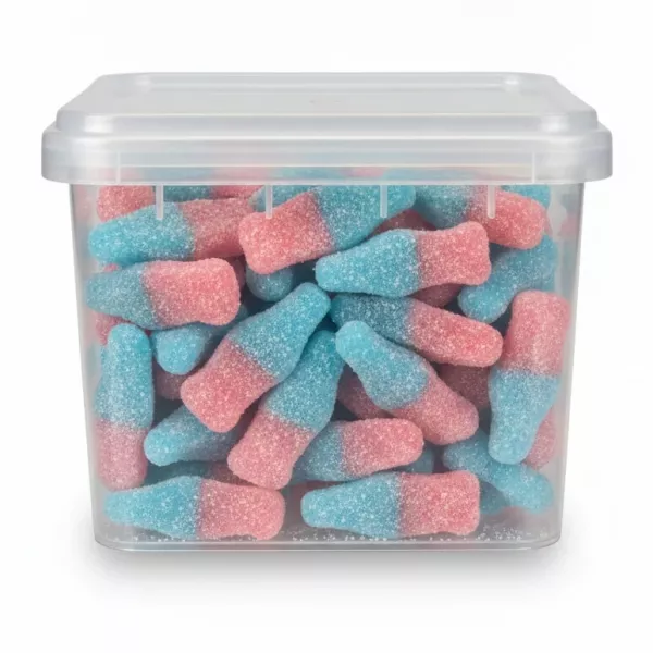 Close-up view of blue and pink fizzy bottle gummy candies