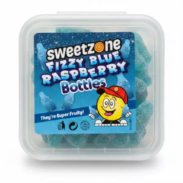 Container of Sweetzone Fizzy Blue Raspberry Bottles showing label
