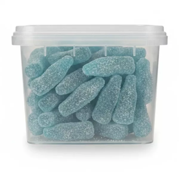 Close-up side view of blue raspberry fizzy bottles in plastic container