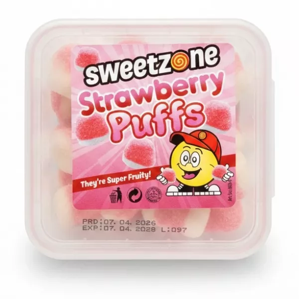 Sweetzone Strawberry Puffs in plastic container with pink label