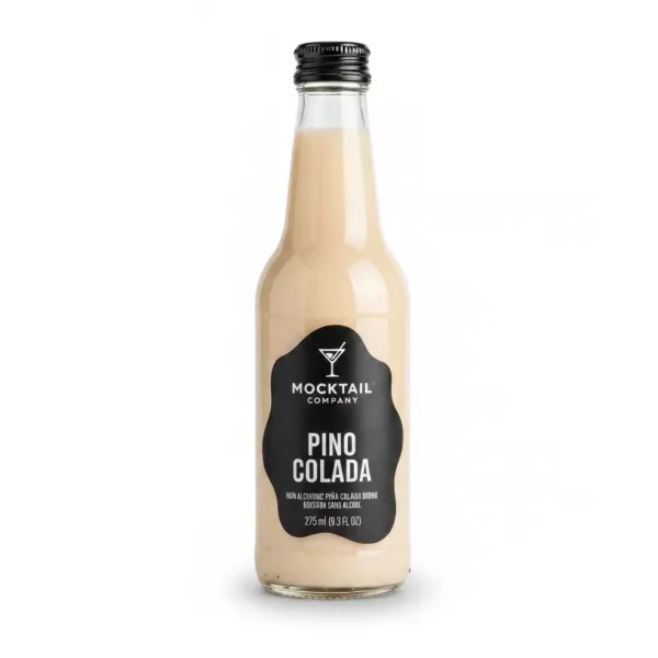 Glass bottle of The Mocktail Company Pina Colada with black label