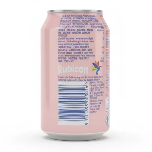 Nutrition information and barcode on back of Rubicon can