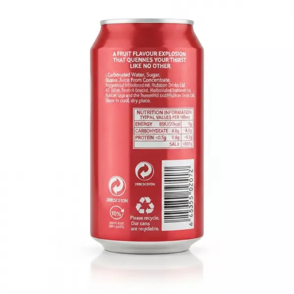 Back label of Rubicon sparkling guava drink can showing ingredients and nutrition