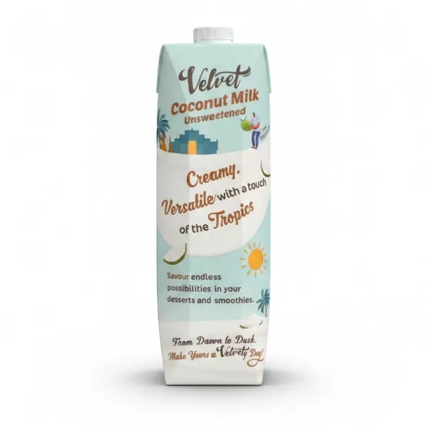 Side view of UFC Velvet Unsweetened Coconut Milk carton with usage description