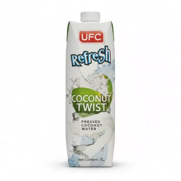 UFC Refresh Coconut Twist pressed coconut water 1 litre carton front view