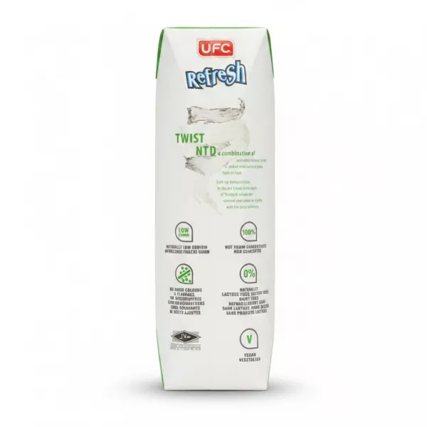 UFC Refresh Coconut Twist pressed coconut water side view with product details