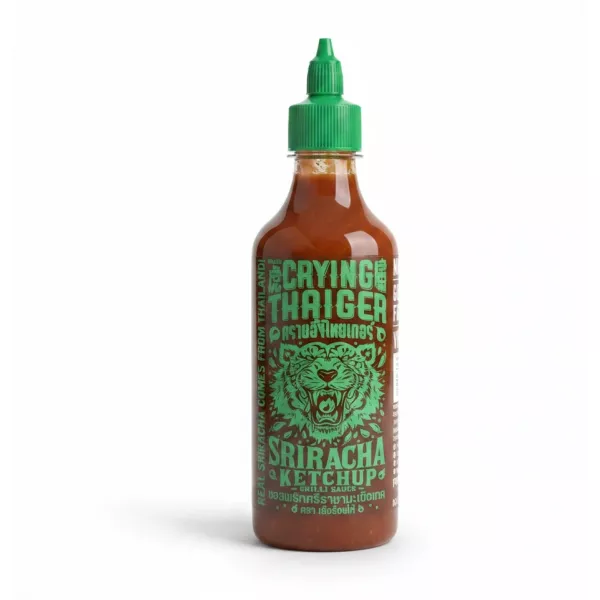 Front view of Crying Thaiger Sriracha Ketchup bottle with green cap and roaring tiger logo