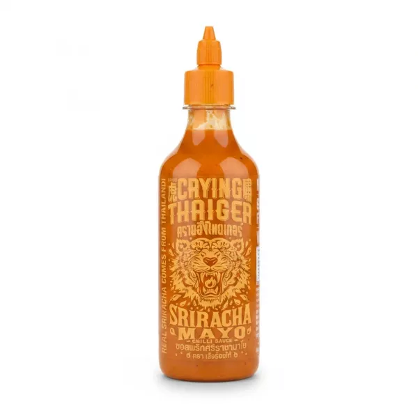 Front label of Crying Thaiger Sriracha Mayo chilli sauce bottle