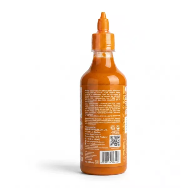 Back label showing product details and barcode of Crying Thaiger Sriracha Mayo chilli sauce