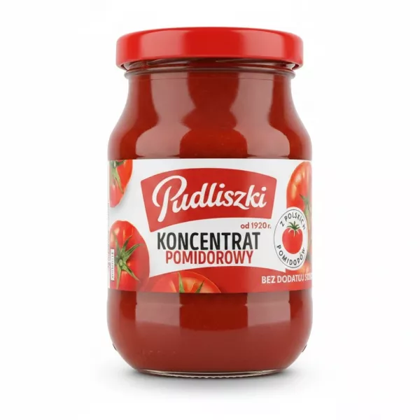 Pudliszki double concentrated tomato puree jar with red lid
