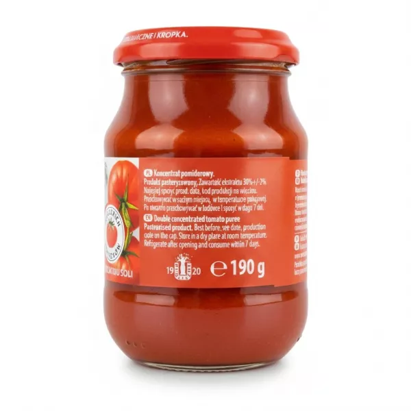 Back label showing storage instructions and product info of tomato puree