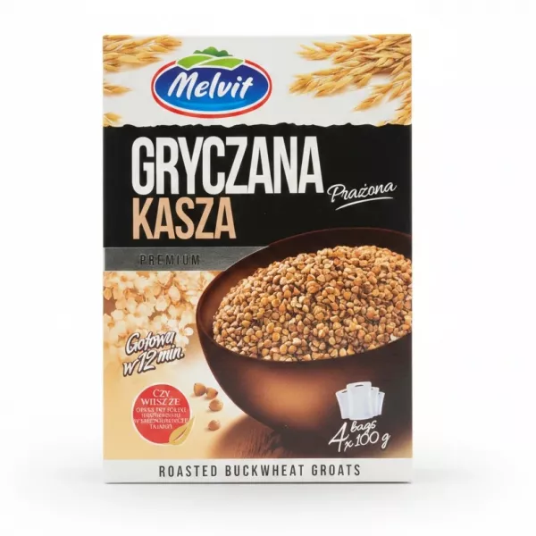 Box of Melvit roasted buckwheat groats showing brand and product name front