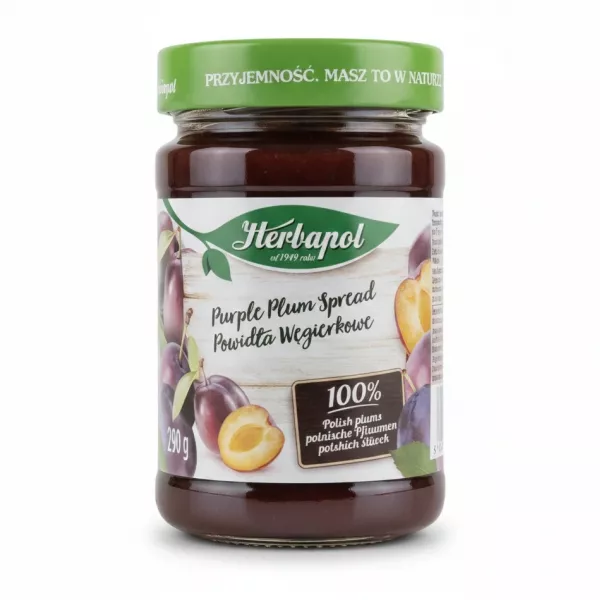 Jar of Herbapol Purple Plum Spread with green lid and plum images on label