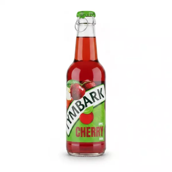 Close-up of Tymbark Cherry Apple Drink bottle with label