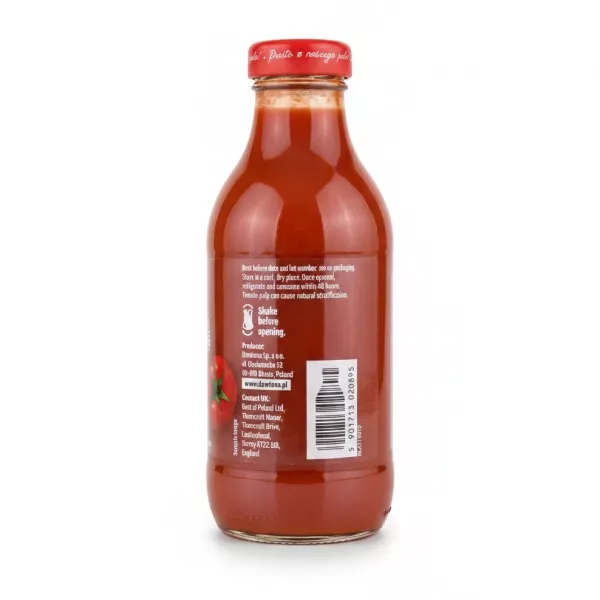 Back label of Dawtona tomato juice showing ingredients and storage info