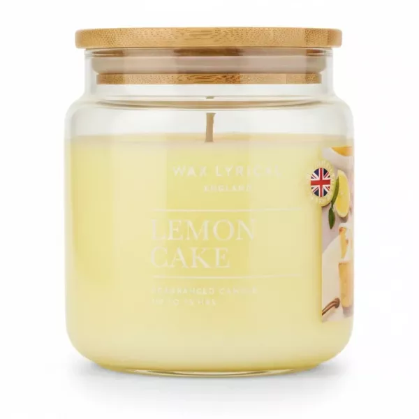 Wax Lyrical Lemon Cake candle in glass jar with bamboo lid
