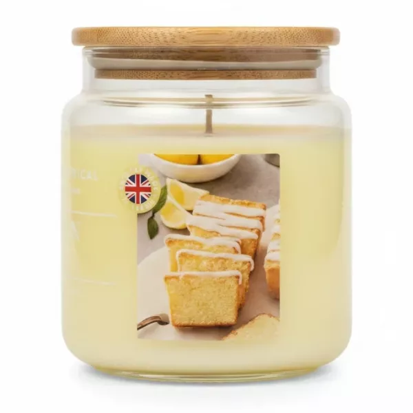 Side view of Lemon Cake candle with lemon cake photo label