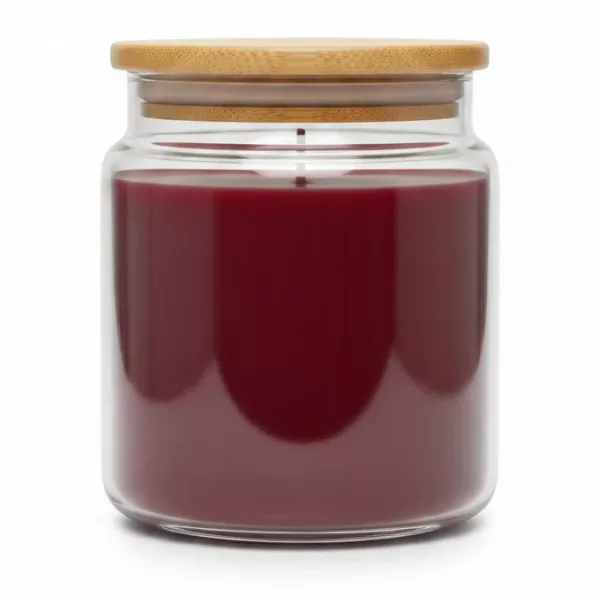 Glass jar candle with black cherry scented red wax and bamboo lid