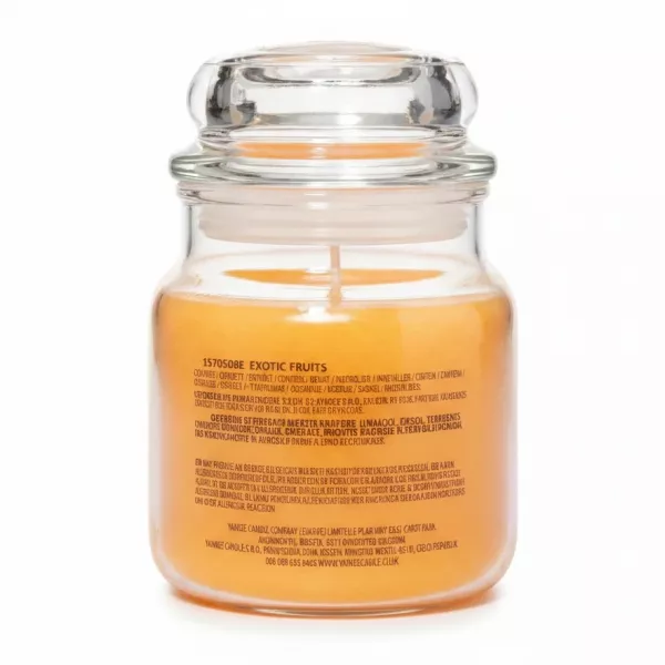 Back label of Yankee Candle Exotic Fruits with ingredient and allergy details
