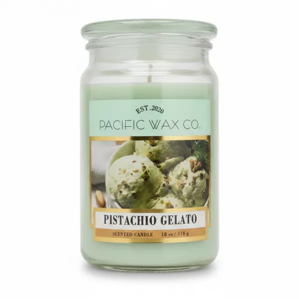 Pacific Wax Co. Pistachio Gelato scented candle in a glass jar