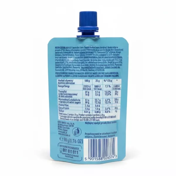 Back view of E.Wedel Czekotubka chocolate cream pouch showing nutritional info and ingredients