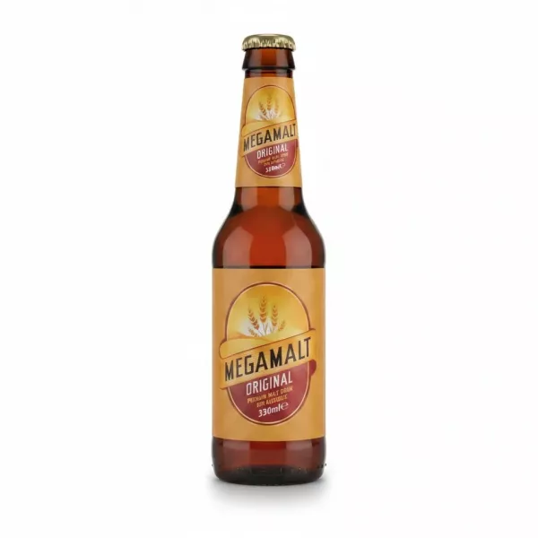 Front view of Megamalt Original premium malt drink bottle 330ml