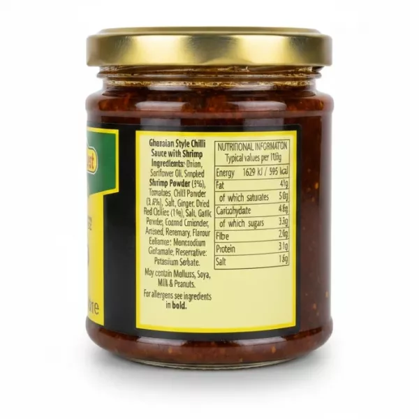 Nutritional facts and ingredients label on Ghana Best Hot Shito sauce jar